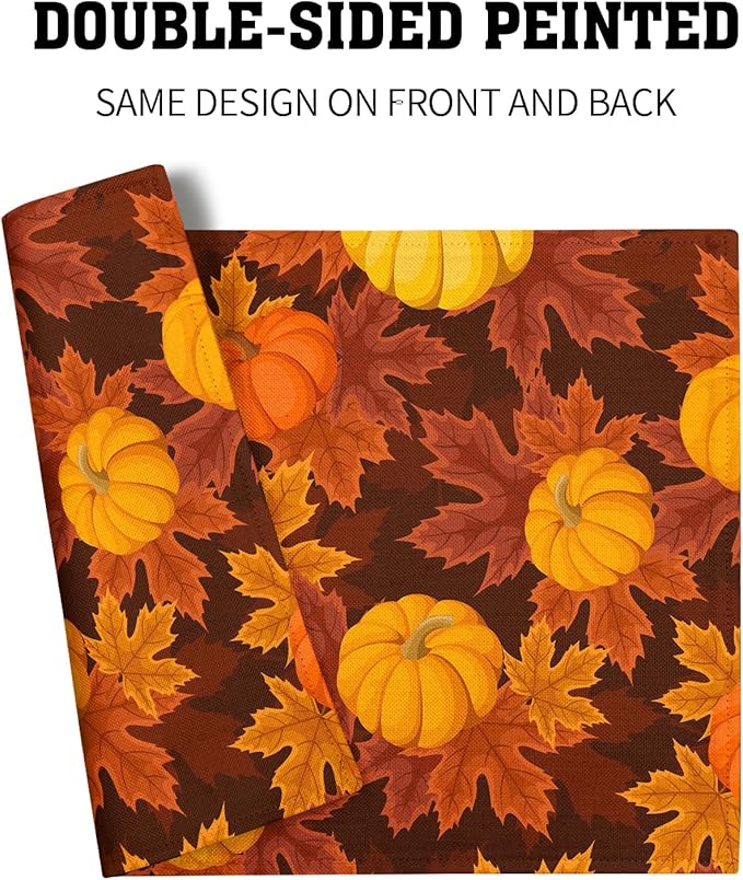Fall Placemats Set of 4 Autumn Pumpkin Leaves Linen Place Mat Washable Non-Slip Heat Resistant 12×18 Inch Thick Place Mats Decorative Fabric Table Mat for Dining Table
