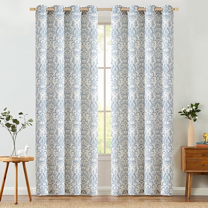 jinchan Linen Curtains for Bedroom Blue Curtains Damask Patterned 84 Inches Long for Living Room Light Filtering Vintage Curtains Baroque Style Drapes Grommet Window Treatments 2 Panels Set