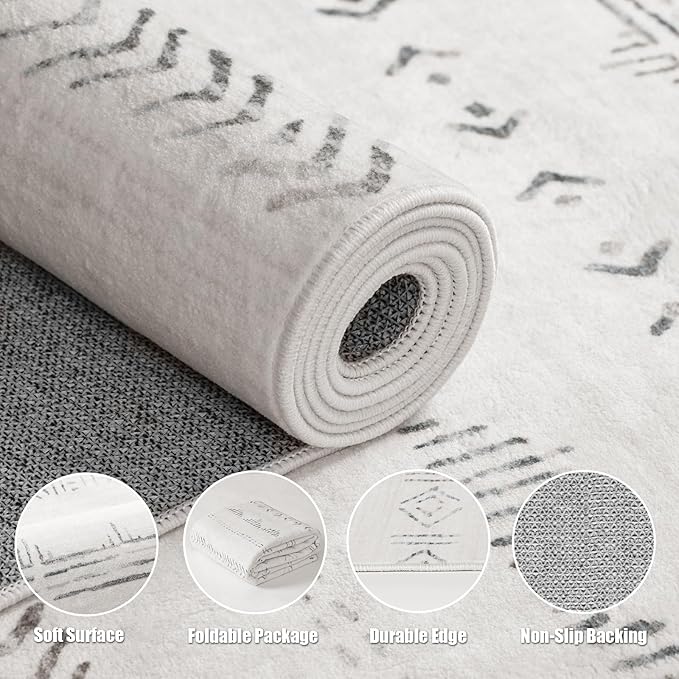Deerly Large Area Rug, Washable 9x12 Area Rug, Boho Rug for Living Room, Moroccan Rug Farmhouse Washable Rug with Non-Slip Backing, Neutral Morden Indoor Carpet for Bedroom Dining Room, Light Grey