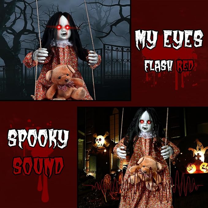 3.75 Ft Scary Halloween Decorations Outdoor, Halloween Hanging Swinging Girl with Sound & Touch Activated/Creepy Sound/Light Up Eyes/Scary Expression, Halloween Decor Props for Indoor Outside