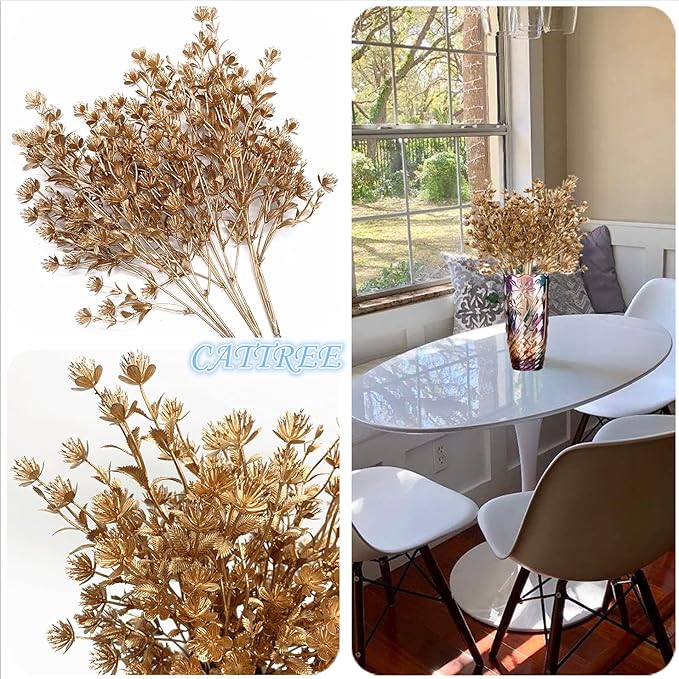 Christmas Artificial Flowers, Golden Baby Breath Gypsophila Plastic Plant Fake Plants for Wedding Bridal Bouquet Party Indoor DIY Home Office Table Centerpieces Arrangements Decoration - Gold 3 Pack