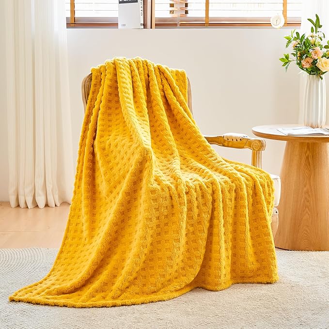 NEWCOSPLAY Super Soft King Blanket Yellow Premium Silky Flannel Fleece 3D Waffle Checkered Lightweight Bed Blanket All Season Use (Mustard Yellow, King(90"x110"))