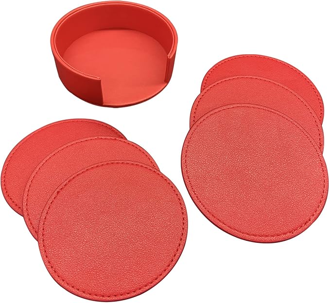 Coasters Set of 6 Soft Leather Drink Coaster Round Coaster with Sewing Around, Suitable for Various Cups, Wooden Tables,Home Decoration,4 Inches(Bright Red)