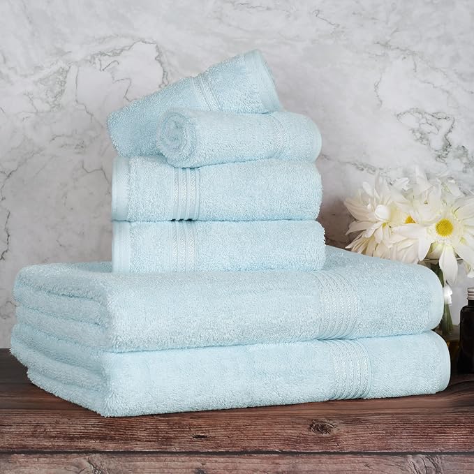 Superior Egyptian Cotton 6-Piece Towel Set, Bathroom Essentials, Towels For Bathroom, Apartment, Airbnb, Guest Bath, Face, Hand, Bath Towels, Washcloths, Absorbent, Fast Drying, Light Blue