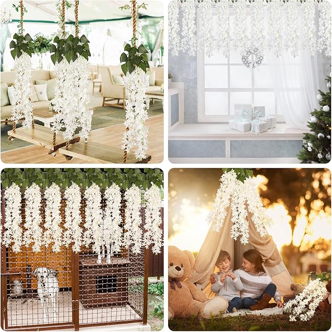 Artificial Lilac Flowers Garland 8Pcs-24Branches 33.5in Fake Syringa Wisteria Vines Faux Silk Lilac Hanging Floral Decoration for Indoor Outdoor Wedding Arch Birthday Party Garden Balcony (White)