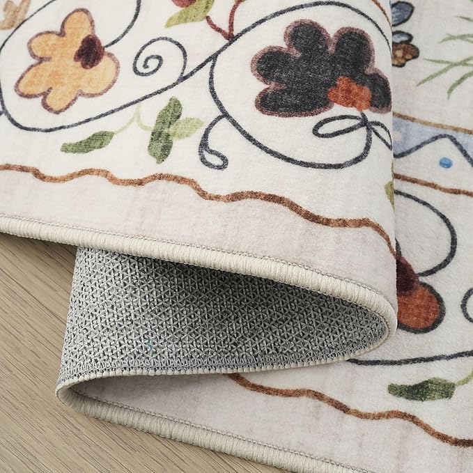 Living Room Rug 5x7 Rug Machine Washable Boho Area Rug Non Slip Floral Animal Cat Vintage Low Pile Large Rugs for Living Room Bedroom Farmhouse Dining Room Kids Playroom, Beige