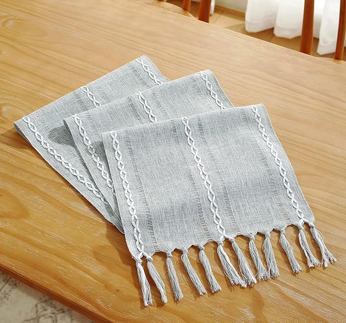 Chassic Rustic Farmhouse Style Linen Table Runner, Boho Handmade Tassel Hemstitched Table Runners 108 Inches Long for Holiday Party, Dresser and Dining Decorations, 13 x 108 inch - Light Grey