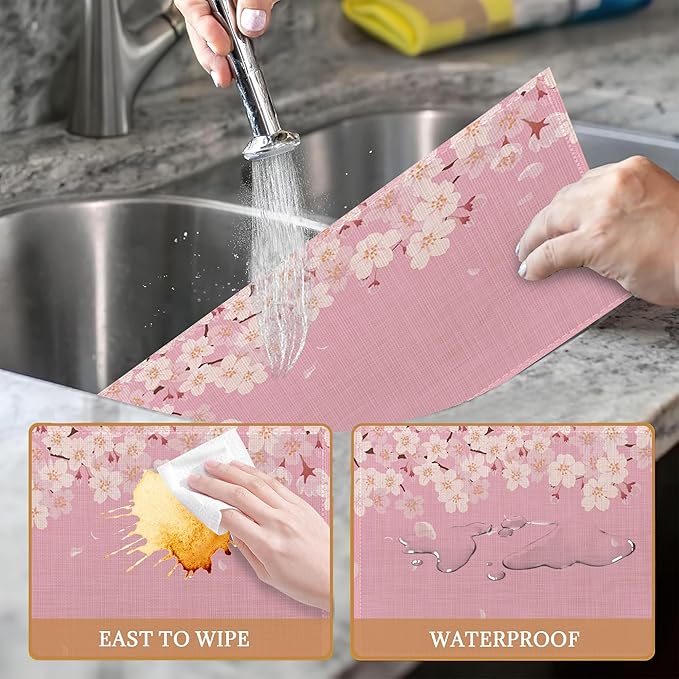 Japanese Cherry Blossom Placemats Set of 6 Washable Table Mats for Kitchen Dining Table,Heat-Resistant Pink Flowers Place Mats for Indoor Outdoor Party Holiday Decoration