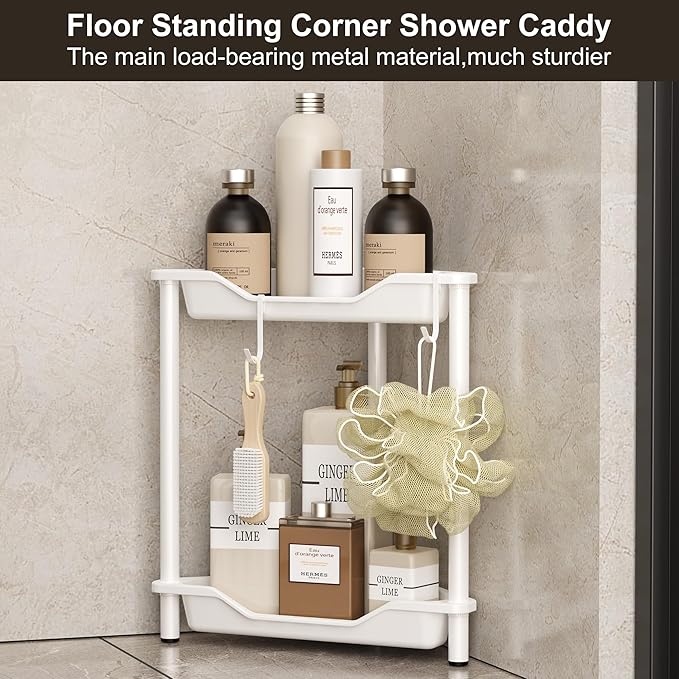 Orimade Rustproof 2 Tier Floor Standing Corner Shower Caddy Organizer, Plastic Metal Splicing Floor Corner Shelf Rack Stands for Bathroom, White