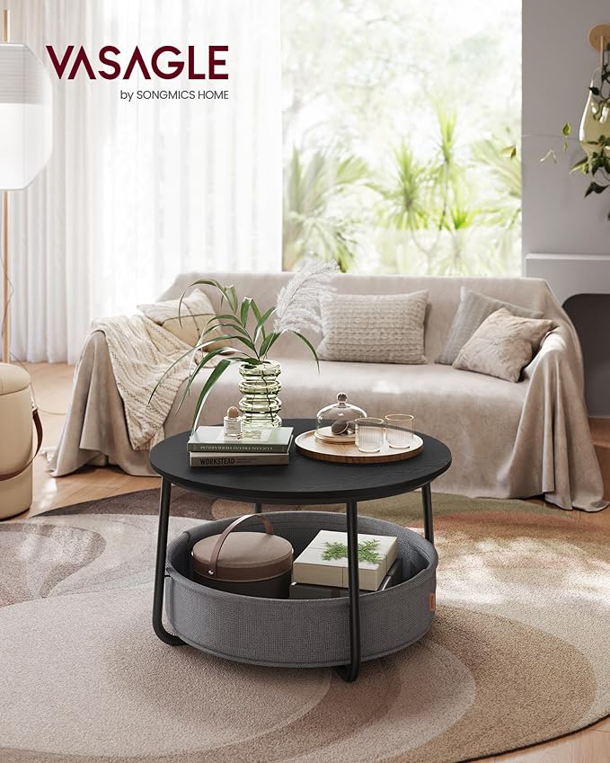 VASAGLE Coffee Table with Storage, Round Center Table for Living Room with Fabric Basket, Modern Style, Metal Frame, Ink Black and Slate Gray ULCT244B56