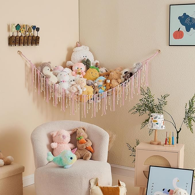 Pretty Jolly Stuffed Animal Storage Hammock with Wooden Beads Corner Hanging Net Boho Tassel for Toy Plush Holder for Kid Room Nursery Decor Wall Display Organizer for Girls Boy Gift(Light Pink)