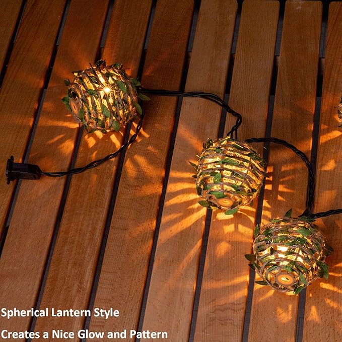 Decorative Lantern String Lights, Outdoor Plug in Hanging Lights with 10 Natural Hemp Rope Leaf Balls, Connectable Weatherproof Patio Globe Boho String Lights for Home Pergola Porch Party Backyard