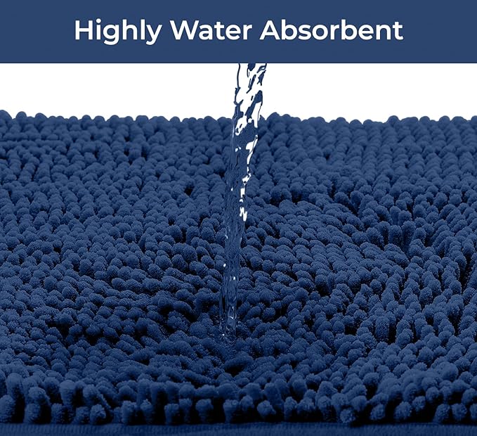 Bathroom Rugs Sets 2 Piece, Luxury Chenille Bath Mat Set, Soft Plush Anti-Slip Bath Rug + U-Shaped Toilet Mat. Microfiber Shaggy Carpet, Super Absorbent (24” x 36” & 20” x 24” U, Blue)