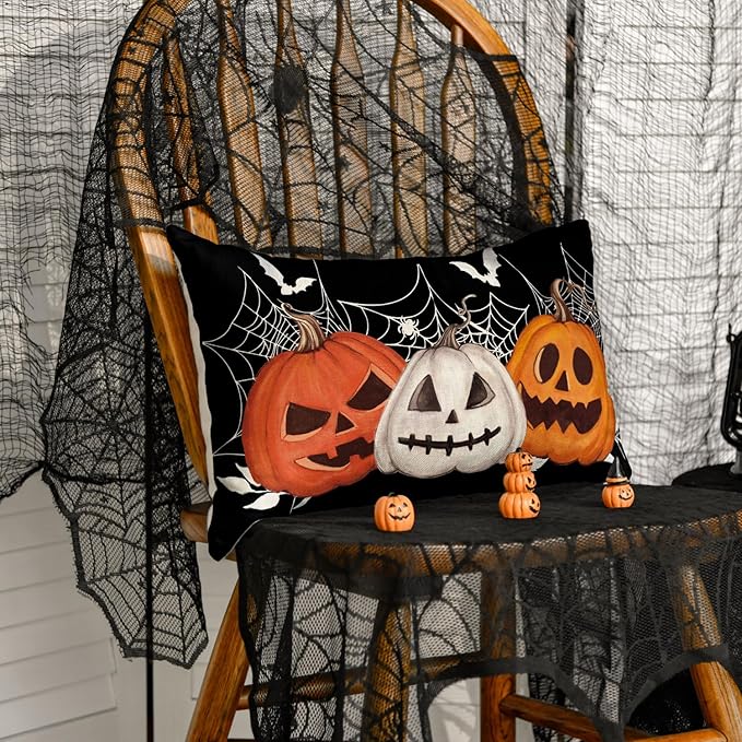 AVOIN colorlife Halloween Pumpkin Jack-O'-Lanterns Bat Throw Pillow Cover, 12 x 20 Inch Holiday Farmhouse Black Cushion Case Decoration for Sofa Couch
