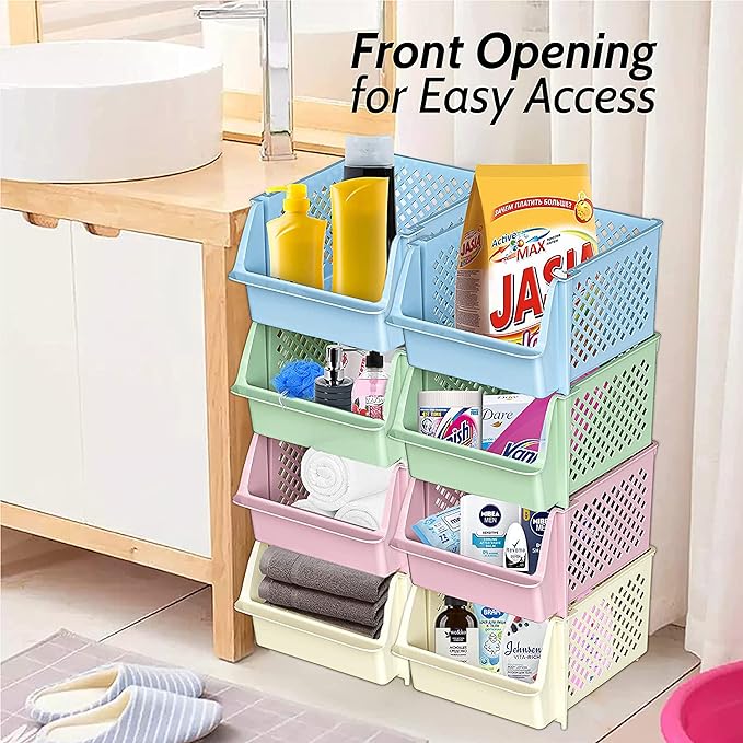 TidyFriend Stackable Storage Bins for Pantry, 4 Pack Stackable Bins For Organizing Food, Kitchen, and Bathroom Essentials (Multi)