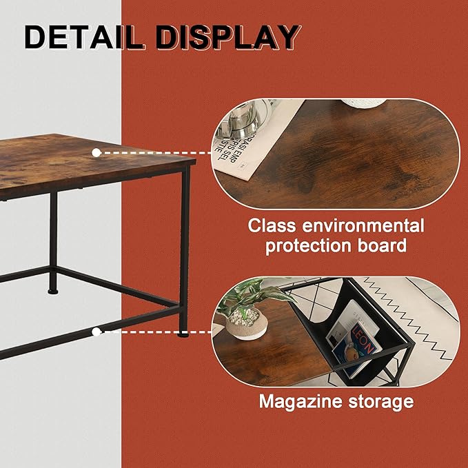 SENIG Brown Rectangle Wood and Metal Coffee Table with Storage Shelf for Small Living Rooms with Pocket