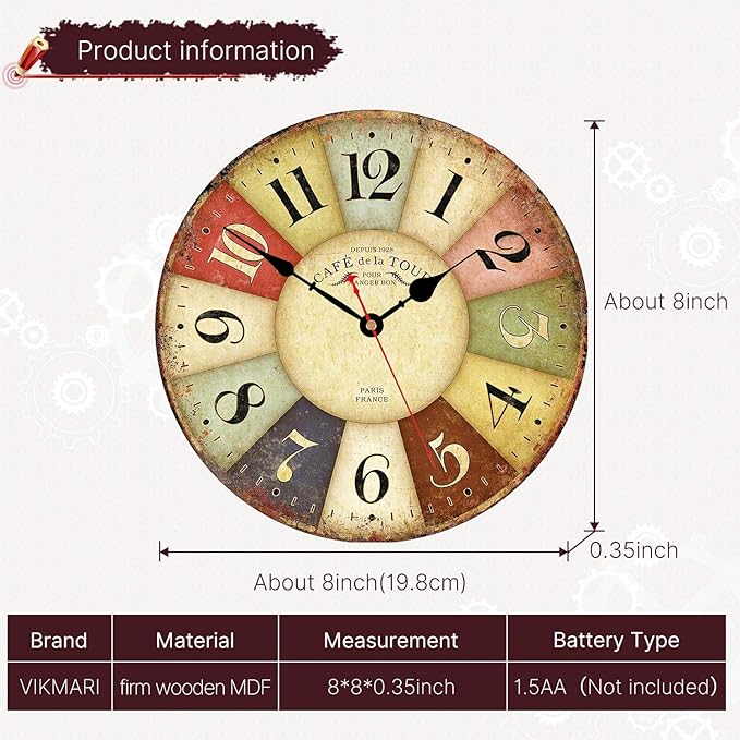 VIKMARI 8 Inch Silent Non-Ticking Wall Clock Arabic Numerals Retro Clocks Wooden Decorative Round Wall Clocks Battery Operated Indoor Wall Clocks Paris French Rustic Style Home Decor Wall Clock