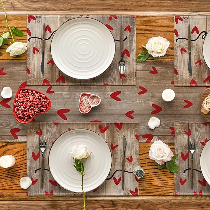 Artoid Mode Wood Love Hearts Valentine Placemats Set of 4, 12x18 Inch Seasonal Anniversary Holiday Table Mats for Party Kitchen Dining Decoration