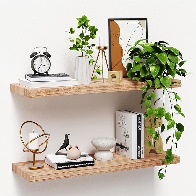 2 Packs Floating Shelves for Wall Storage Nursery Book Display Trinket Trophy Decorative Display Lack Living Room Bedroom Girl Dorm Decor Cute Mounted Shelf Wood Natural Thin Hanging Bookshelf 24 Inch