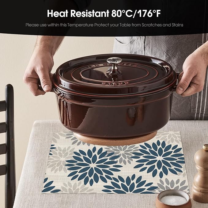 Artoid Mode Floral Vinyl Placemats Set of 4, Heat Resistant Washable Non-Slip Plastic PVC Place Mats for Party Kitchen Dining Decor, Blue Grey