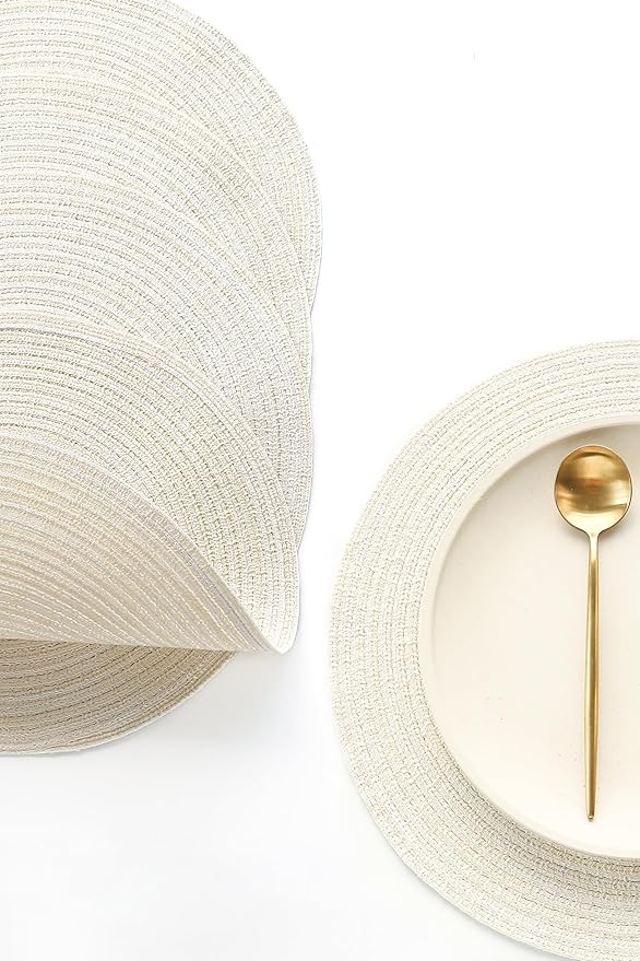 Floroom 15 Inch Round Braided Placemats Set of 4, Washable Heat Resistant Cotton Polyester Circle Place Mats for Kitchen Dining Table - Ivory Cream