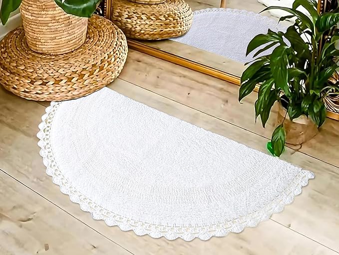 Half Circle Bohemian Bathroom Rug with Handwoven Chrochet Border, Beautifully Handcrafted 100% Cotton Mat - 22x42 inch, Round Boho Bedroom Rug, Boho Bathroom Décor, Machine Washable - White