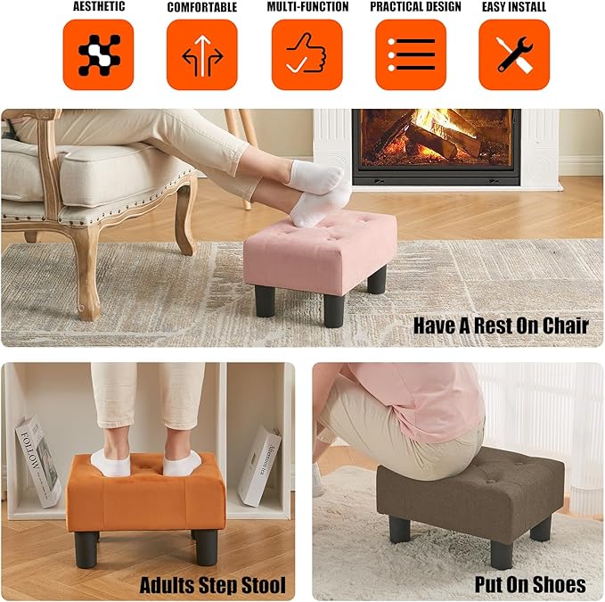 BRIAN & DANY Small Foot Stool, Linen Foot Stools with Legs, Stable Small Footstool for Living Room, Brown