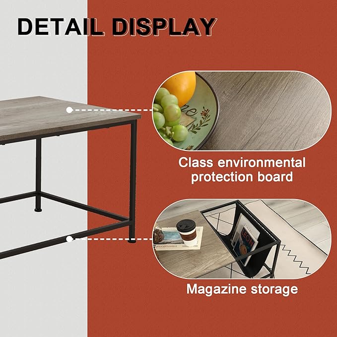 SENIG Grey Oak Rectangle Wood and Metal Coffee Table with Storage Shelf for Small Living Rooms with Pocket