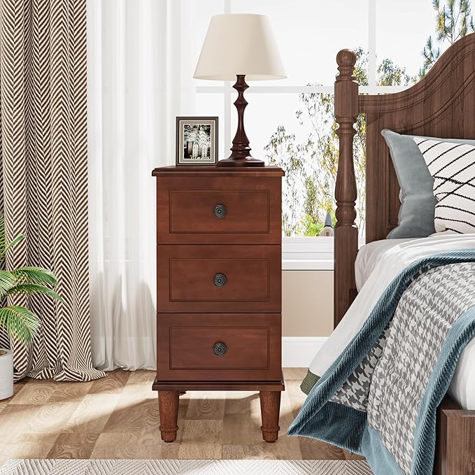 Tribesigns Solid Wood End Table, Fully Assembled Narrow Side Table with Drawers, Pre-Assembled Nightstand Slim Bedside Table for Small Spaces, Living Room, Bedroom, Brown, 2 Pcs