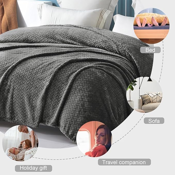 Exclusivo Mezcla Dark Grey Fleece Twin Size Blanket for Bed, 90x66 Inches Soft Cozy Jacquard Flannel Blankets, Lightweight Fuzzy Plush Warm for All Seasons