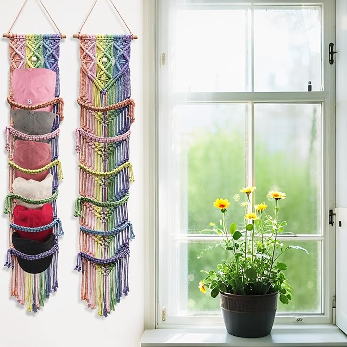 2PCS Macrame Cap Holder Boho Hat Hangers Over Door Decorative Bohemian Handmade Ball Cap Rack Organizer Woven Wall Hanging for Baseball Cap Display Decorations (Rainbow, Up to 24 Caps)