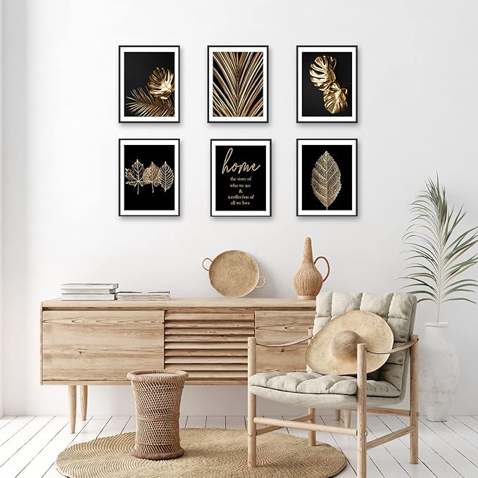 HoozGee Gold Leaf Art Prints Modern Black Gold Botanical Tropical Plant Leaves Art Wall Pictures Canvas Prints Gallery Wall Art Poster Wall Decor Bedroom Room Home Decor (11"x14" UNFRAMED)