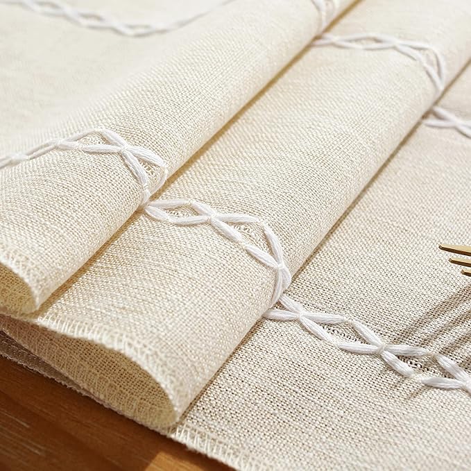 Rustic Farmhouse Style Linen Table Runner, Boho Handmade Fringe Braided Stripe Table Runners 60 Inches Long for Holiday Party, Wedding and Dining Decorations, 13 inchW X 60 inchL - Ivory