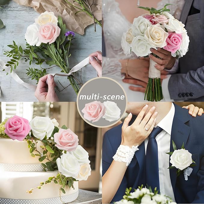 Artificial Flowers Pink Roses Real Looking Foam Fake Roses with Leaves and for DIY Wedding Bouquets Bridal Shower Centerpieces Party Decorations (Pink Series, 100)
