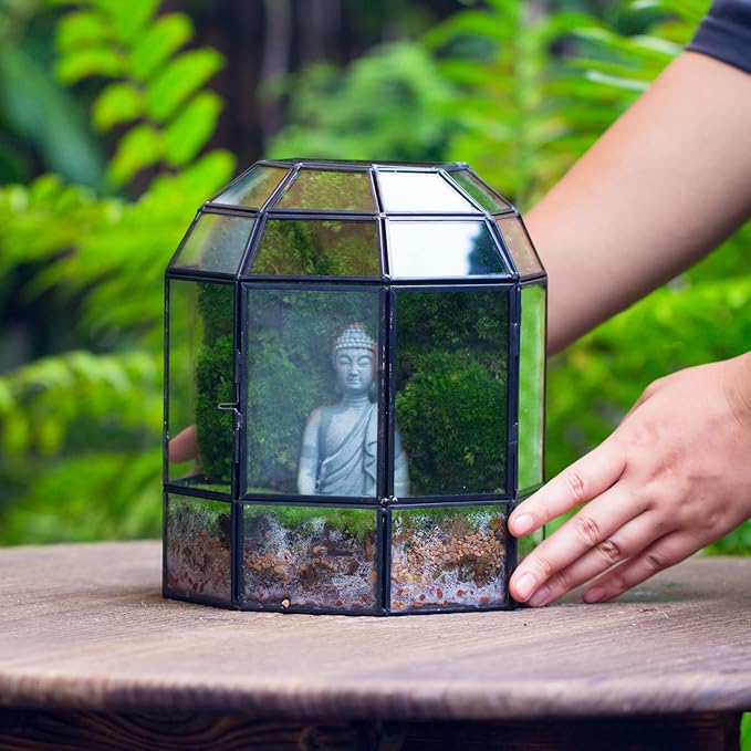NCYP Half Dome Geometric Glass Terrarium with Door, Closed Succulents Planter Pot, Miniature Landscape Container, Indoor Tabletop Decor, Black (Terrarim Only)