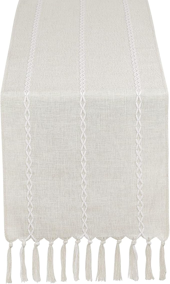 Rustic Farmhouse Style Linen Table Runner, Boho Handmade Fringe Braided Stripe Table Runners 60 Inches Long for Holiday Party, Wedding and Dining Decorations, 13 inchW X 60 inchL - Ivory