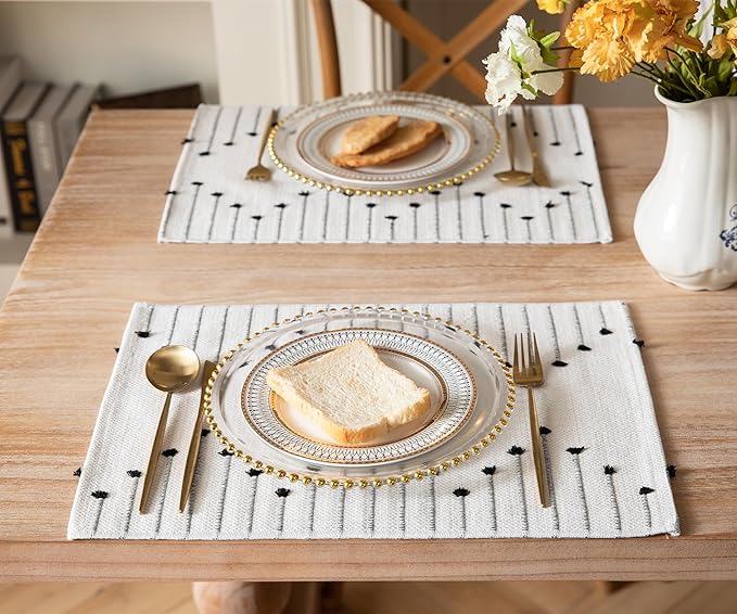Placemats Set of 6 for Dining Table Décor, Woven Cloth Place Mats for Farmhouse Kitchen Tabletop, Handcrafted Machine Washable Cotton Table mats 13 x 19 Inch, Black and Beige