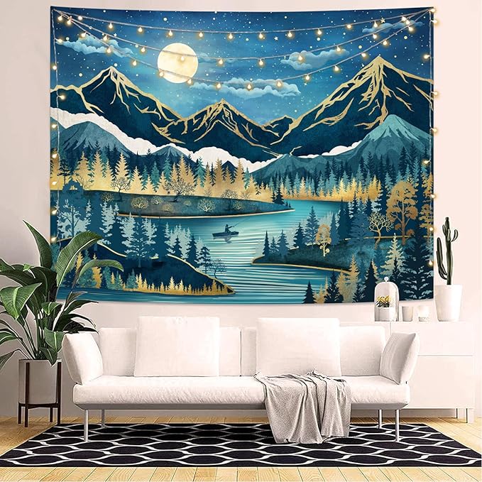 Kanuyee Boho Mountain Tapestry Moon Landscape Wall Tapestry, Nature tapestries for Bedroom Ceiling Tapestries Wall Hanging for Bedroom Living Room Wall Decor Mountain-1 70"x90"