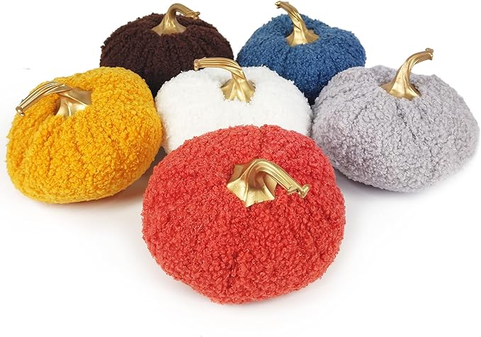 Ogrmar 6 Pack Fabric Artificial Pumpkins Set Teddy Velvet Decoration Pumpkins Lifelike Harvest Pumpkins for Halloween Fall Harvest Festival, Thanksgiving Decoration