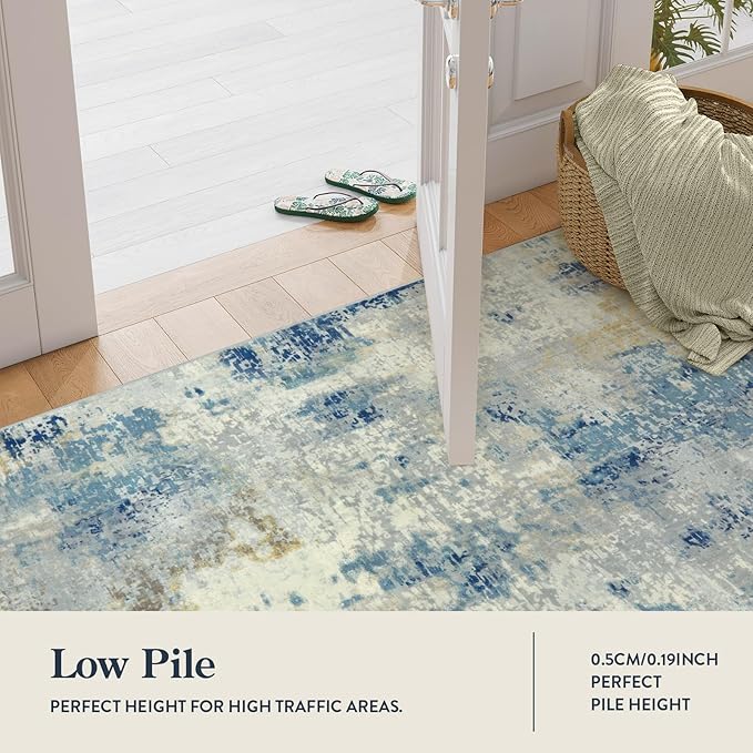 Lahome Modern Abstract Area Rug 4x6, Washable Living Room Rug for Bedroom Entryway Non Slip, Soft Contemporary Indoor Floor Throw Carpet for Apartment Playroom Home Office, Blue