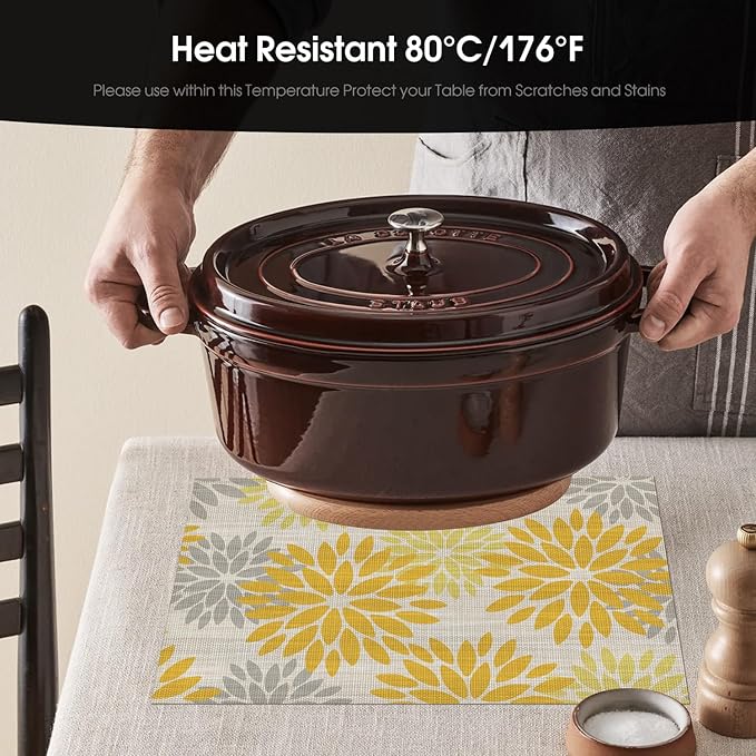 Artoid Mode Floral Plastic Placemats Set of 4, 12x18 Inch Washable Non-Slip Plastic Vinyl Place Mats for Party Kitchen Dining Decor, Yellow