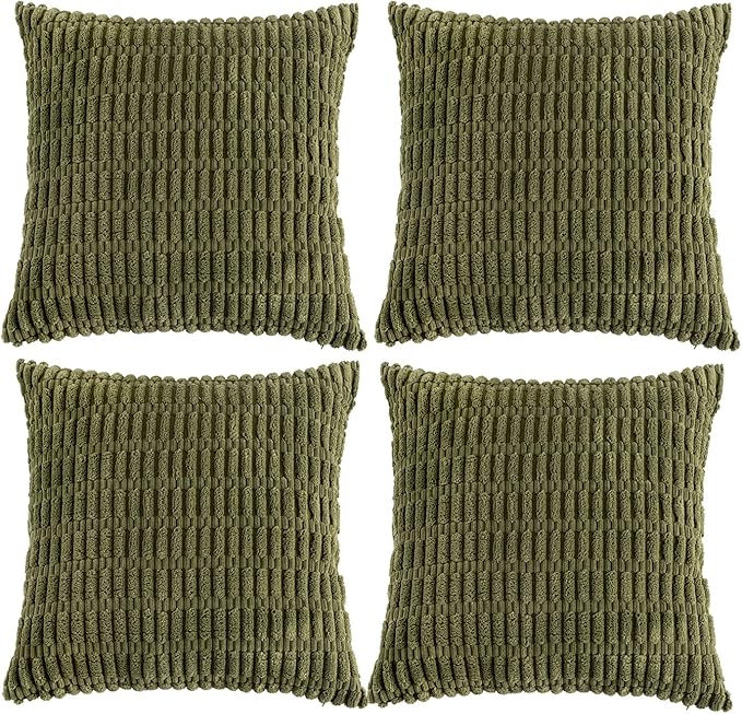 Fancy Homi 4 Packs Boho Moss Green Decorative Throw Pillow Covers 26x26 Inch for Couch Bed Sofa, Rustic Modern Farmhouse Home Decor, Soft Plush Corduroy Cute Square Cushion Case 66x66 cm