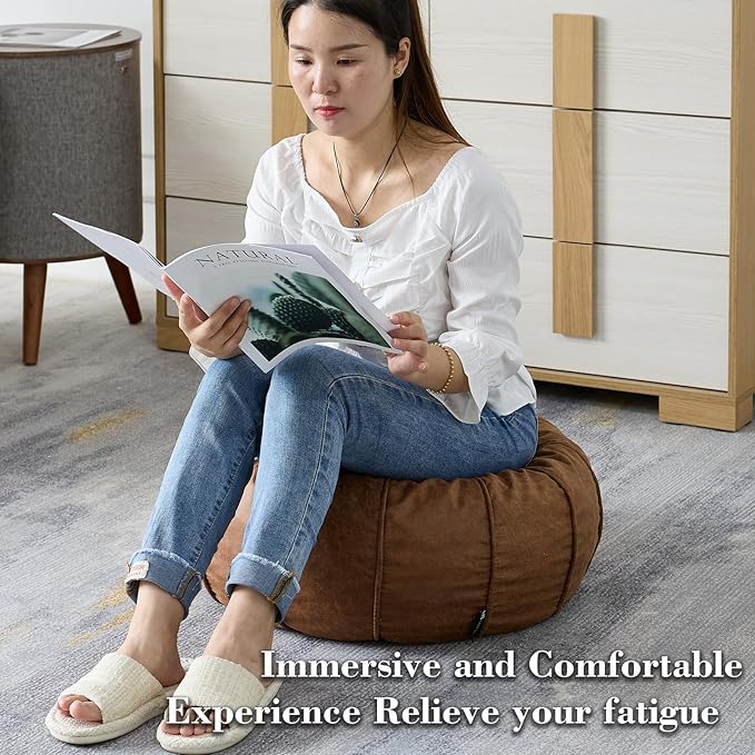Louis Donné Unstuffed Moroccan Ottoman Pouf Cover, Waterproof Handmade Faux Decor Storage Solution for Kids Toy, Footstool Pouffe Cover Replacement Balcony Indoor 21dia Chestnut Brown, ONLY Cover