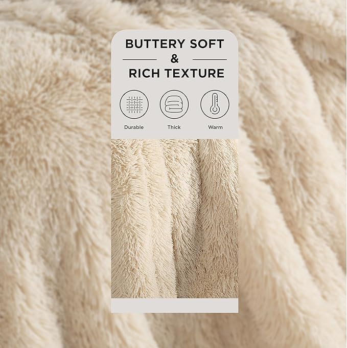 Bedsure Fluffy Beige Blankets Queen Size for Bed, Thick Sherpa Faux Fur Fleece Fuzzy Plush Winter Warm Heavy Soft Full Queen Blankets, Bedroom Decor Beige Gifts Cozy Gifts for Women Men, 90x90