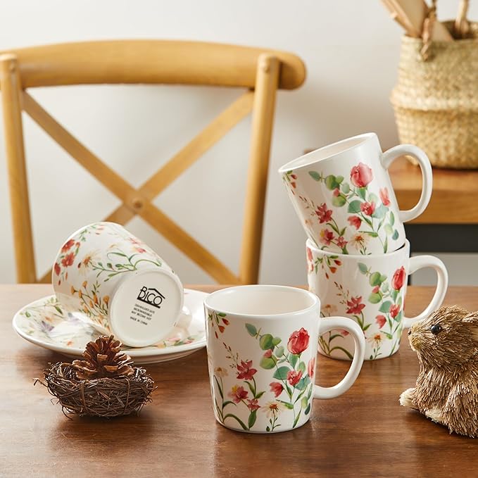 Bico Summer Provence Ceramic Mugs, Set of 4, for Coffee, Tea, Drinks, Microwave & Dishwasher Safe
