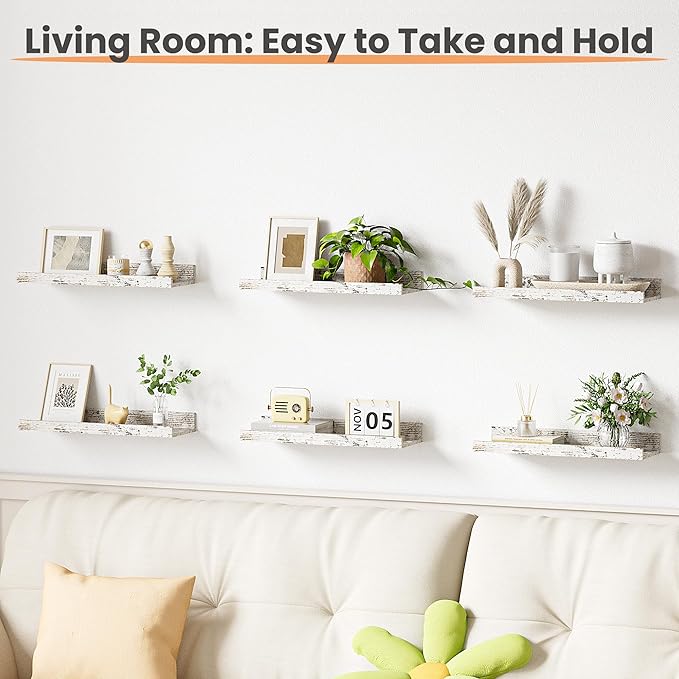 upsimples Floating Shelves for Wall, Wall Shelves for Decor Storage Set of 6, Wall Mounted Wood Shelves for Bedroom, Living Room, Bathroom, Kitchen, Picture Ledge Shelves, Rustic White
