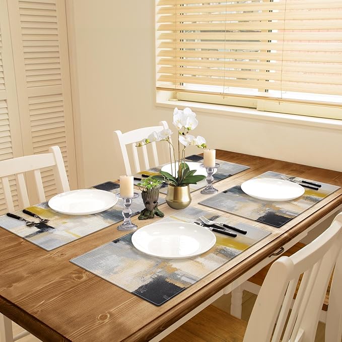 Emvency Farmhouse Placemats Set of 4, Modern Grey and Gold Art Painting 12x18 Inch Abstract Beige Table Mats for Outdoor Home Party Kitchen Dining Decoration