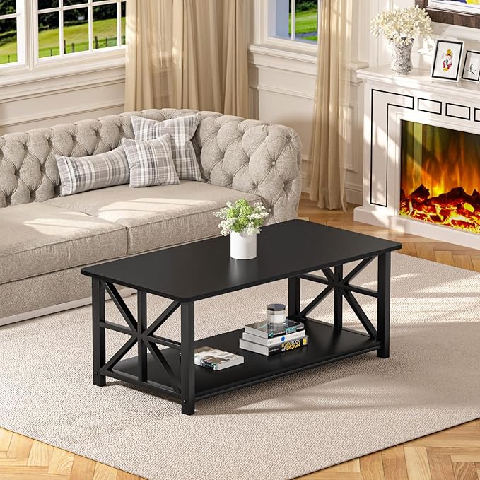 GreenForest Coffee Table with Round Corner, Farmhouse Center Table with 2-Tier Storage Shelf X-Frame Design for Living Room, 39 inch Black