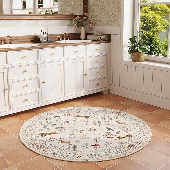 Round Rug 4ft Washable Circle Rug Non Slip Low Pile Boho Floral Animal Small Circular Rug for Bedroom, Bathroom, Entryway, Kids Room, Office, College Dorm (Beige)