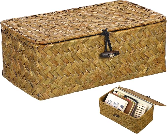 Seaweed Baskets with Lids: Seagrass Storage Woven Basket Straw Desktop Rattan 9 inch Hand- Woven Storage Basket Bins Container Organizer for Shelf Desktop Home Decor